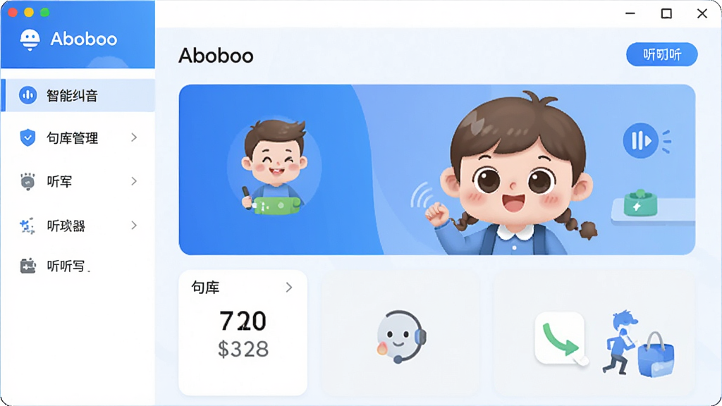 Aboboo 英语学习软件主界面,展示智能纠音、句库管理和听写功能,界面简洁现代,以蓝色和白色为主色调,左侧功能导航,右侧学习内容区域,高清画质,干净无多余元素