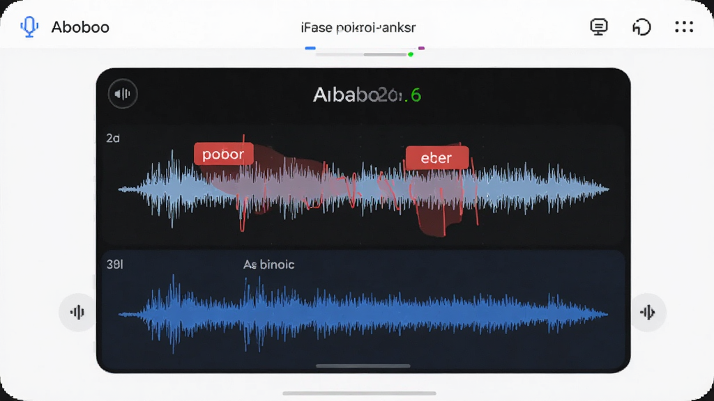 Aboboo 智能语音评测界面,显示用户朗读英文句子的波形对比图和评分,红色标注发音错误位置,蓝色标准发音波形,背景干净,高清画质