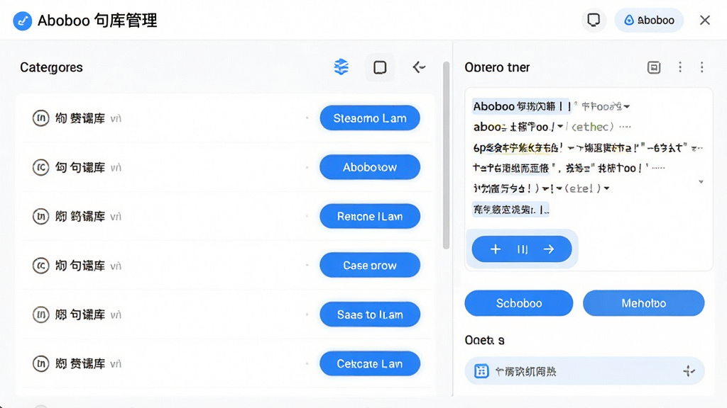 Aboboo 句库管理界面,展示用户创建的不同分类句库列表,右侧显示句子详情和操作按钮,界面清爽,蓝色高亮按钮,高清画质,无多余元素