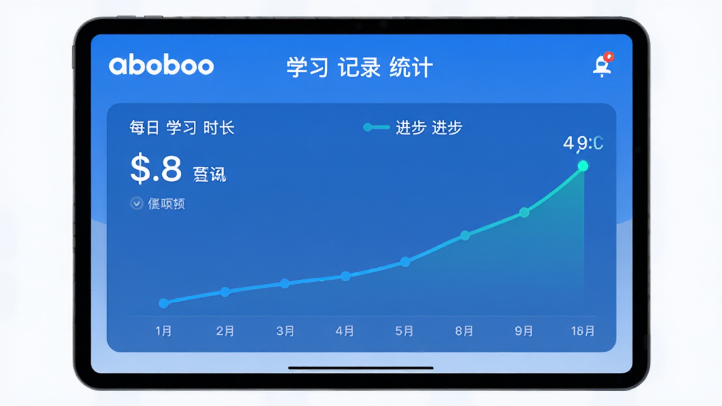 Aboboo 学习记录统计界面,展示每日学习时长和进步曲线,蓝色主题,清晰易读,背景干净,高清画质