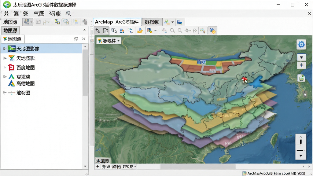 主体:太乐地图ArcGIS插件的数据源选择界面。布局:左侧为地图源列表,右侧为ArcMap中加载出的多图层叠加效果。排版:列表清晰,图层分明。风格:简洁直观的软件UI设计。细节:列表包含“天地图影像”、“百度地图”、“高德地图”等选项,地图窗口显示多个图层叠加。画质:高清,干净,无多余元素。
