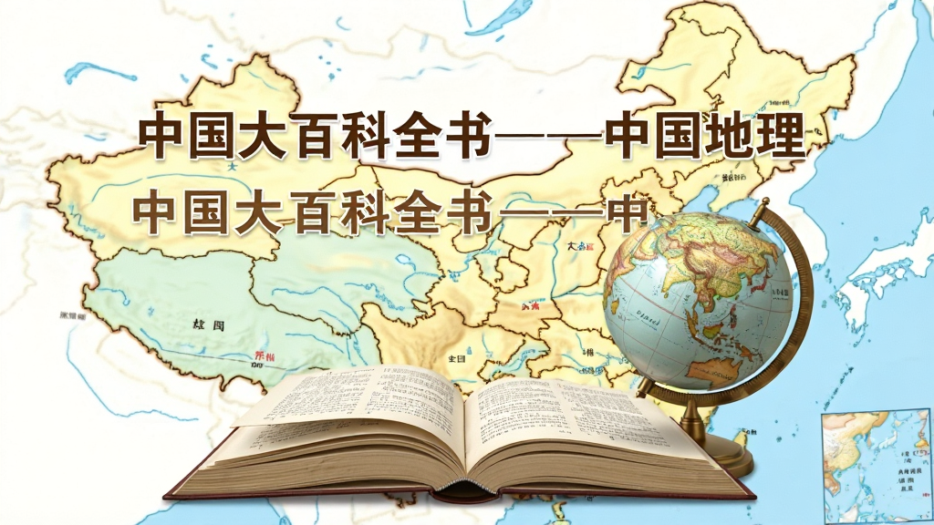 一幅以中国地图为背景的软件宣传图,主体是打开的书本和地球仪,布局居中,风格写实,细节清晰,画质高清,干净无多余元素,图片上带有文字“中国大百科全书中国地理”