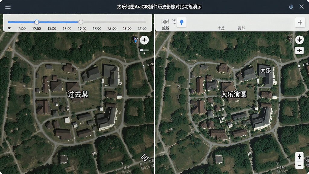 主体:太乐地图ArcGIS插件的历史影像对比功能演示。布局:左右分屏对比,左侧为过去某年份的卫星图,右侧为最新影像。排版:中央以竖线分隔。风格:对比鲜明,视觉冲击力强。细节:界面显示可拖拽的时间轴,地图标注有地名。画质:高分辨率,干净,无多余元素。