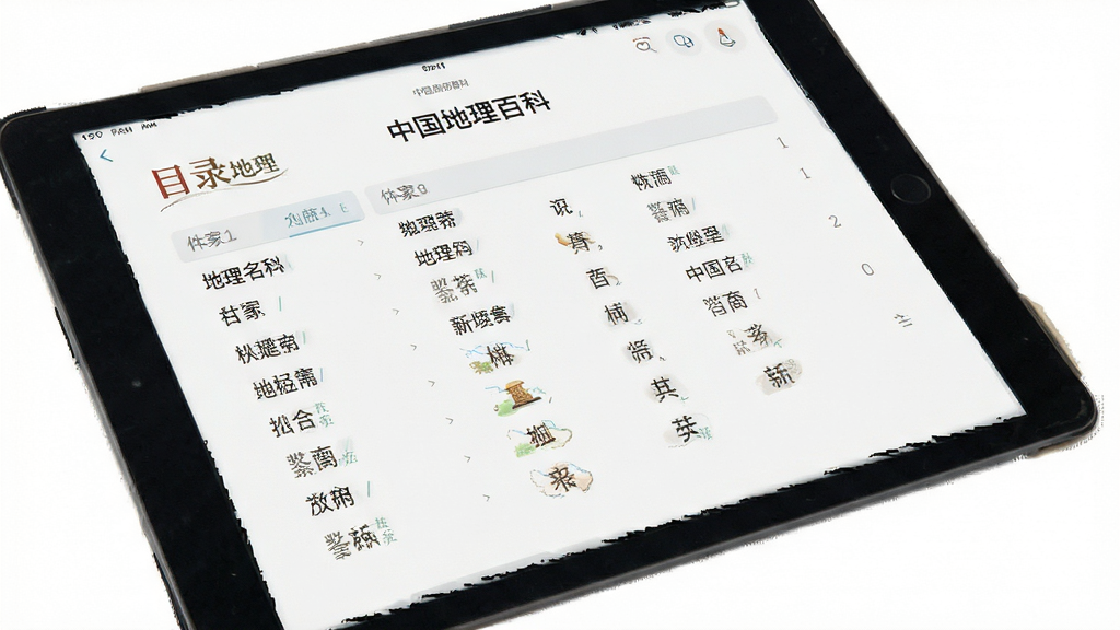 软件界面预览图,主体是平板电脑展示中国地理百科的目录页面,布局清晰,排版整齐,风格简洁,细节包括地理名词列表,画质高清,干净无多余元素,屏幕上有文字“中国地理”