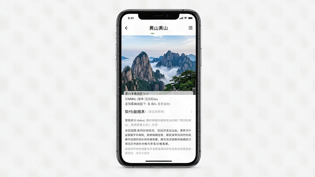软件功能展示图,主体是手机屏幕显示黄山风景的百科页面,布局单图配文,排版美观,风格摄影写实,细节有图片和文字说明,画质高清,干净无多余元素