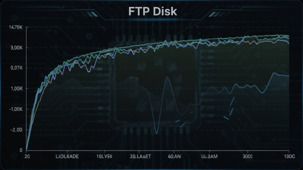 一张展示FTP Disk传输速度曲线的图表截图,图表显示上传和下载速度的实时波动,数据平稳且高速,背景为深色科技风格,突出“FTP Disk”的高效传输能力,画质精细,无多余元素
