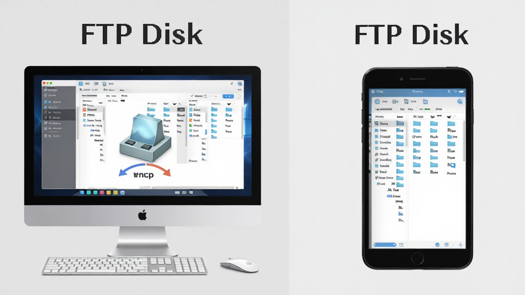 一张展示FTP Disk在电脑和手机平板上使用的对比图,左边是电脑端界面,右边是手机端界面,两者均显示映射磁盘和文件列表,背景简洁,突出“FTP Disk”的多平台适配,画质清晰,无多余元素