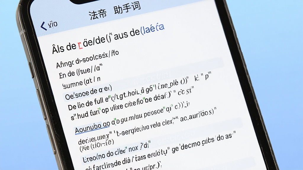 一张展示法语助手词典查询界面的截图风格图片,画面中手机屏幕上显示一个法语单词的详细词条,包含音标、词性、释义、常用短语及例句,界面布局清晰,字体易读,背景为柔和的蓝色渐变,整体风格简洁专业,画质高清,无多余元素。