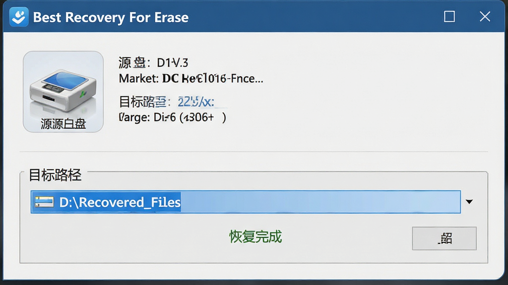 主体:Best Recovery For Erase 的恢复设置界面,显示源磁盘和目标路径。布局:上方为源磁盘信息,下方为目标路径选择框。排版:简洁直观。风格:清爽,浅灰底色。细节:目标路径设置为“D:\Recovered_Files”,并显示“恢复完成”提示,软件名称“Best Recovery For Erase”标识明显。画质:高清,干净,无多余元素。