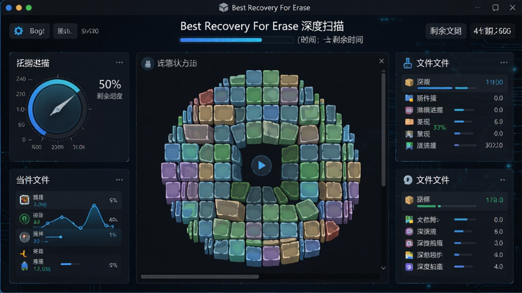 主体:Best Recovery For Erase 的深度扫描过程可视化界面,磁盘扇区以彩色块状图呈现。布局:中部为磁盘映射图,周围有扫描状态和已发现文件统计。排版:动态数据更新,简洁明了。风格:科技感,暗色背景配蓝色高亮。细节:界面标题“Best Recovery For Erase 深度扫描”,扫描进度百分比和剩余时间清晰可见。画质:高清,干净,无多余元素。