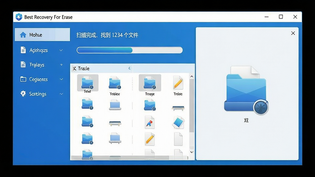 主体:Best Recovery For Erase 软件主界面,显示扫描进度条和文件列表。布局:左侧为功能导航栏,右侧为文件预览区域,顶部为菜单栏。排版:清晰简洁,信息层级分明。风格:现代科技感,蓝白配色。细节:界面文字显示“Best Recovery For Erase”和“扫描完成,找到 1234 个文件”,文件类型图标清晰。画质:高清,干净,无多余元素。