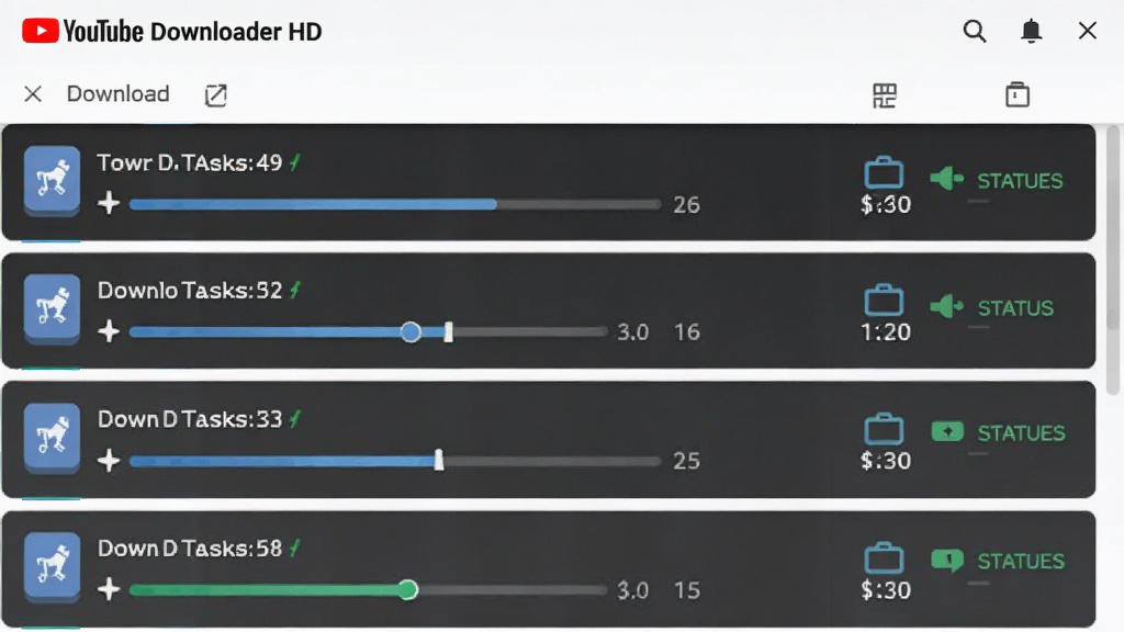 YouTube Downloader HD�������ع������棬����Ϊ�����������ͬʱ���еĻ��棬����Ϊ�б���ʽ���Ű����룬��������Լ��ϸ�ڰ���ÿ������Ľ�������״̬ͼ�꣬���ʸɾ����޶���Ԫ��