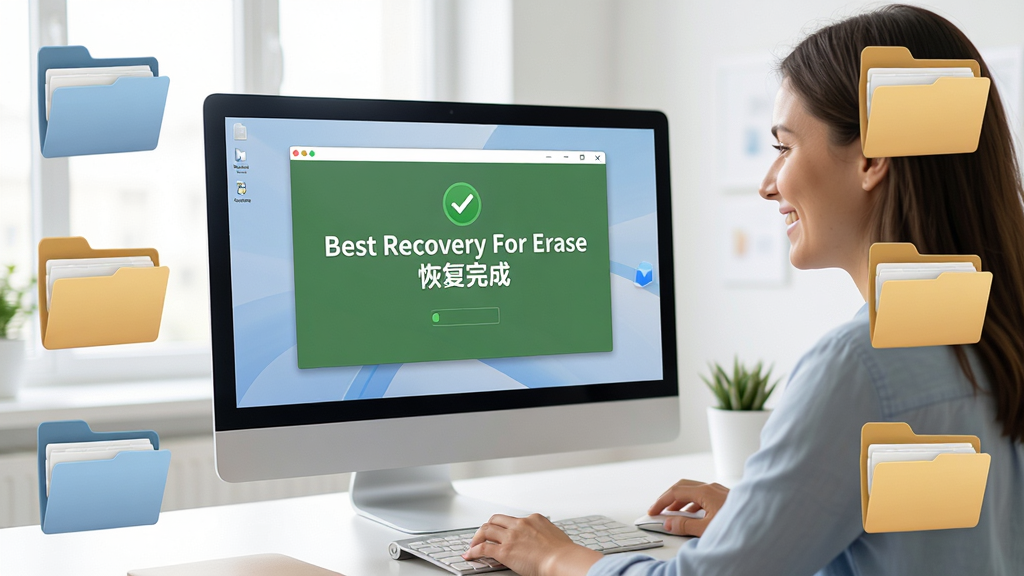 主体:用户正在使用 Best Recovery For Erase 恢复文件,电脑屏幕显示恢复成功界面。布局:电脑在画面中央,周围有文件夹图标环绕。排版:简洁明了。风格:写实风格,光线明亮。细节:屏幕上有“Best Recovery For Erase 恢复完成”字样,用户表情满意。画质:高清,干净,无多余元素。