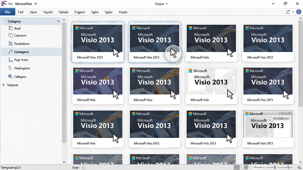 主体:Microsoft Visio 2013 的模板选择界面,展示多个模板缩略图。布局:中央为模板网格,左侧为分类列表。排版:模板以卡片形式排列,每个卡片显示缩略图和名称。风格:界面简洁,现代感强。细节:缩略图上显示“Microsoft Visio 2013”文字,鼠标悬停效果明显。画质:高清,干净,无多余元素。