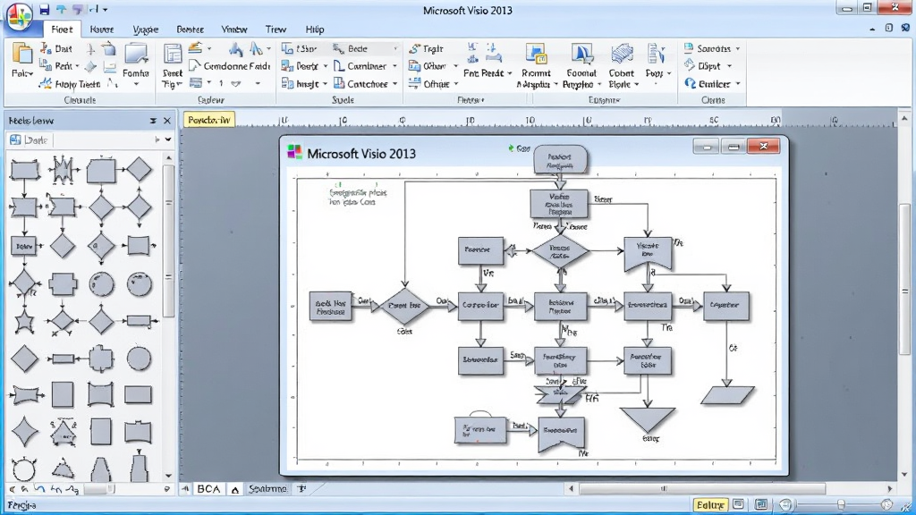主体:Microsoft Visio 2013 软件主界面,展示一个复杂的业务流程图表。布局:界面左侧为形状库列表,中间为绘图画布,上方为功能区工具栏。排版:清晰展示软件各功能区域,画布上有多个连接好的流程图形状。风格:写实,色彩明亮,现代办公环境。细节:画布上显示“Microsoft Visio 2013”字样,形状带有阴影效果,工具栏图标清晰可见。画质:高清,干净,无多余元素。