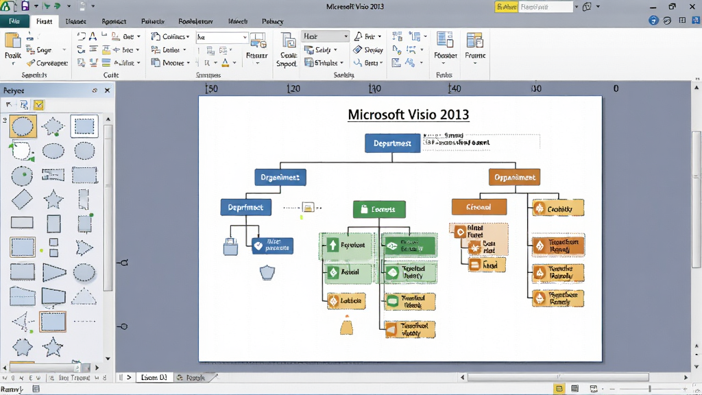 主体:Microsoft Visio 2013 操作界面,显示一个完整的组织结构图。布局:画布中央为图表,左侧形状库,顶部功能区。排版:图表层次分明,颜色区分部门。风格:商务风格,细节丰富。细节:图表上方有“Microsoft Visio 2013”标题,界面清晰。画质:高清,干净,无多余元素。