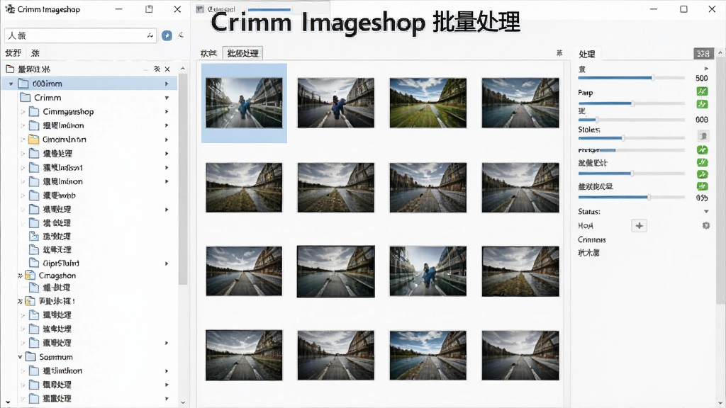 展示Crimm Imageshop的批量处理界面,左侧文件列表,右侧处理参数设置,多张图片缩略图整齐排列,布局清晰,排版规整,风格商务,细节显示进度条与状态标记,画质干净,无多余元素,文字标注