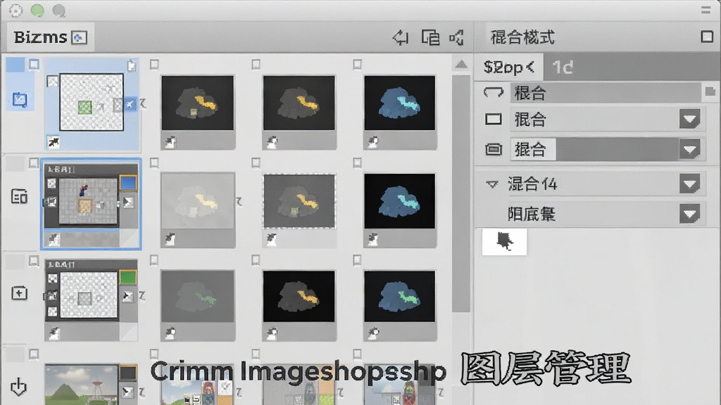 展示Crimm Imageshop的图层面板特写,多层缩略图排列,右侧混合模式下拉菜单,背景为浅灰色界面,布局规整,排版清晰,风格专业,细节展现图层缩略图与蒙版图标,画质干净,无多余元素,文字标注
