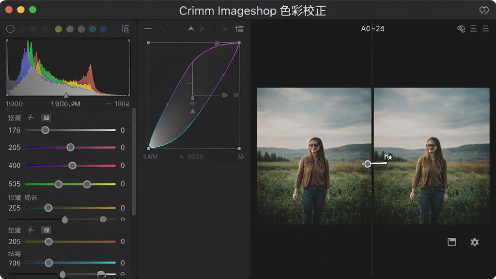 展示Crimm Imageshop的色彩调整界面,直方图与曲线工具面板,一张照片的调整前后对比视图,布局左右对称,排版清晰,风格简洁,细节显示色彩滑块数值,画质细腻干净,无多余元素,文字标注
