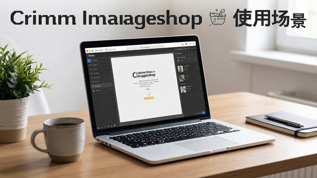 展示Crimm Imageshop在笔记本电脑上运行的场景,屏幕中显示软件主界面,旁边有一杯咖啡,桌面整洁,布局自然,排版舒适,风格生活化,细节清晰,画质干净,无多余元素,文字标注