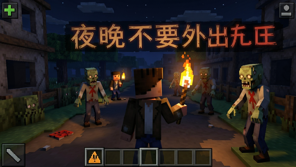 僵尸沙盒新手避坑指南截图,画面中角色在夜晚躲避僵尸,火把照亮周围,提示文字“夜晚不要外出”,风格写实,构图安全,画质清晰,干净无多余元素