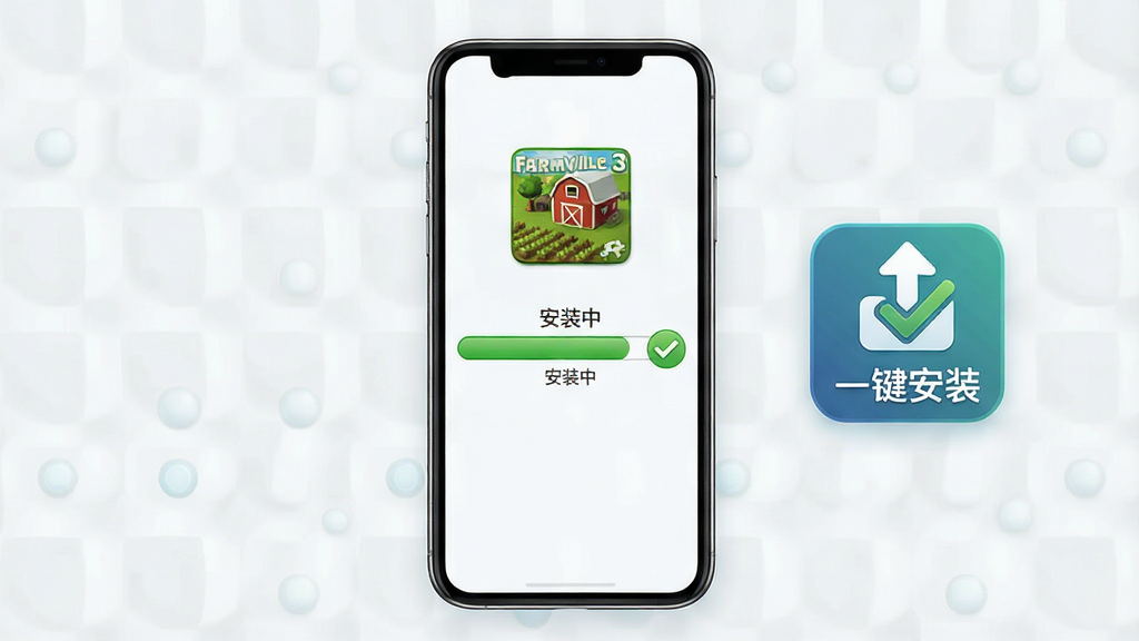 主体:智能手机屏幕显示FarmVille 3安装进度条。布局:手机位于画面中央,进度条显示“安装中”状态。排版:手机旁边有“一键安装”图标。风格:简洁科技感。细节:屏幕上有农场图标和绿色勾选标记。画质:高清,干净,无多余元素。