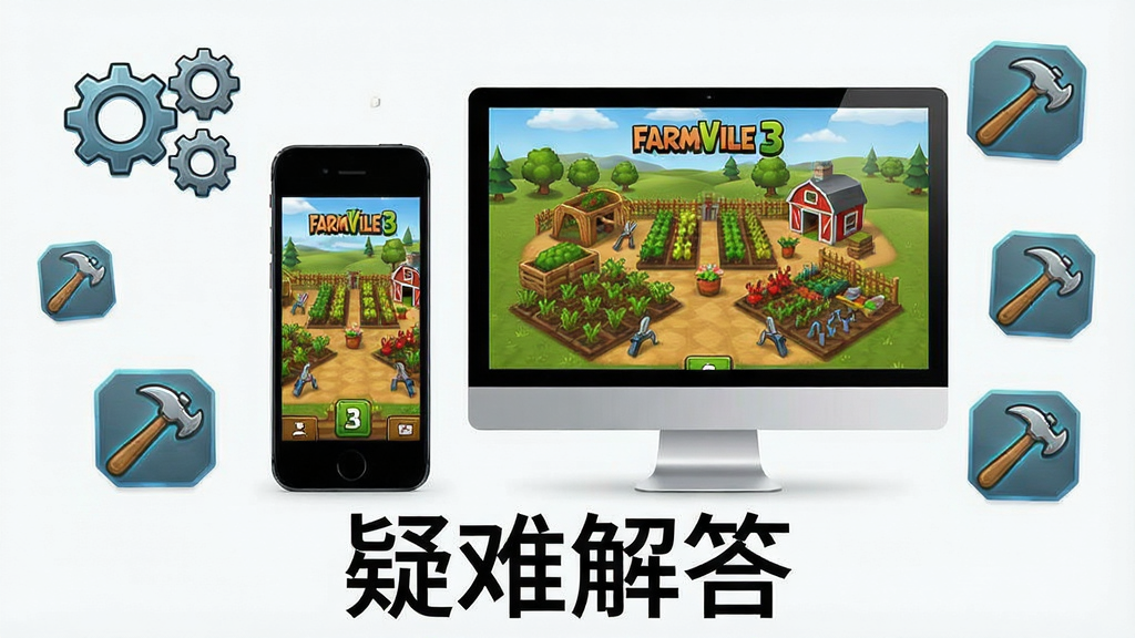 主体:一部手机和一台电脑并排放置,屏幕显示FarmVille 3游戏界面。布局:设备位于画面中央,周围有齿轮和工具图标。排版:下方有“疑难解答”字样。风格:科技感。细节:手机和电脑屏幕中都有农场场景。画质:高清,干净,无多余元素。
