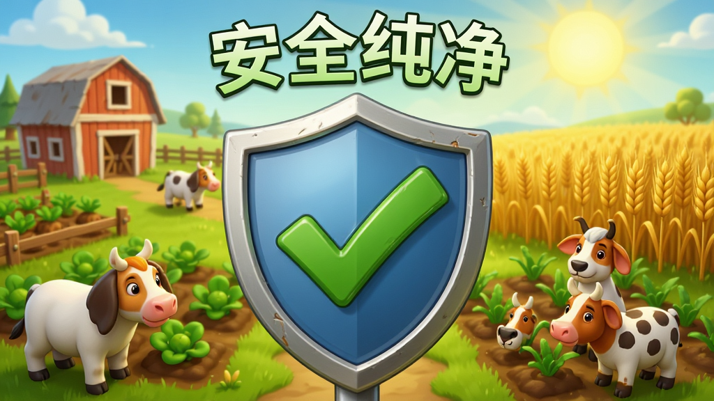 主体:一个带有盾牌标志的安全徽章。布局:徽章位于画面中央,周围环绕着FarmVille 3的农田和动物。排版:徽章上方有“安全纯净”字样。风格:写实与卡通结合。细节:盾牌上有绿色对勾,背景有阳光和麦田。画质:高清,干净,无多余元素。