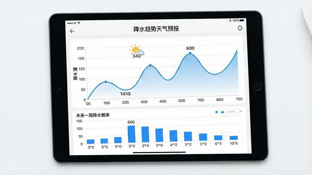 一张平板电脑的俯视图,屏幕显示“降水趋势天气预报”APP的降水趋势图表页面,图表为蓝色系曲线图,横轴是时间刻度,纵轴是降水量,曲线起伏清晰,图表下方有未来一周的降水概率柱状图,整体布局规整,风格简约商务,界面以白色为底色,图表数据清晰可读,画质干净,无多余元素。