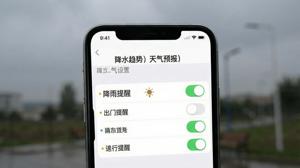 一张手机与应用界面的合成图,背景为模糊的户外阴天场景,前景是手机屏幕特写,屏幕显示“降水趋势天气预报”的提醒设置页面,有“降雨提醒”、“出门提醒”等开关选项,页面风格简洁,重点突出,画质干净,无多余元素。