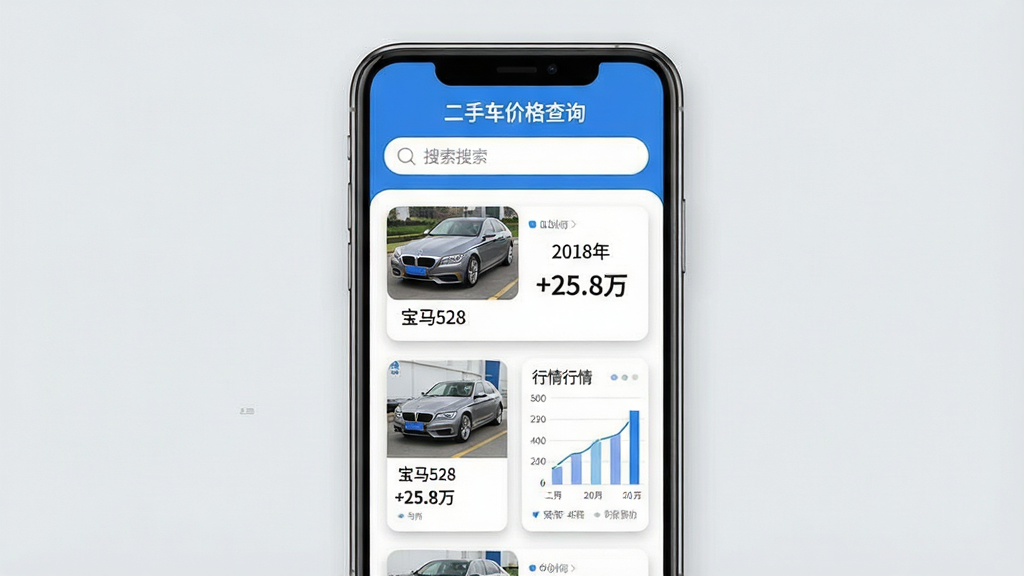 主体:智能手机屏幕显示“二手车价格查询”应用界面,界面中有车辆图片、价格数字和行情图表。布局:手机居中,屏幕内容清晰可见,背景为浅灰色。排版:应用界面采用列表式布局,上方为搜索框,下方为车型卡片。风格:扁平化,现代感,色彩以蓝白为主。细节:屏幕中显示“宝马528”、“2018年”、“25.8万”等字样,卡片边缘圆角,有阴影。画质:高清,干净,无多余元素。