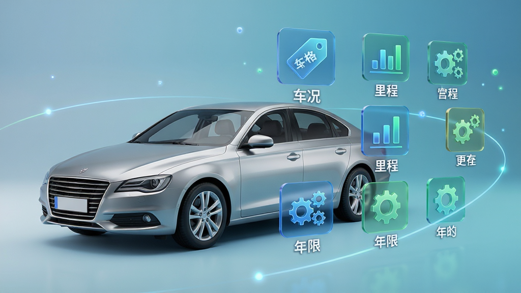 主体:一辆银色轿车旁边悬浮着多个数据图标,包括价格标签、图表、齿轮。布局:轿车位于画面中央偏左,数据图标环绕右侧。排版:图标排列有序,每个图标下方有中文标签如“车况”、“里程”、“年限”。风格:3D渲染,写实风格,背景为渐变色。细节:数据图标半透明,有科技感,颜色为蓝色和绿色。画质:高分辨率,干净,无多余元素。