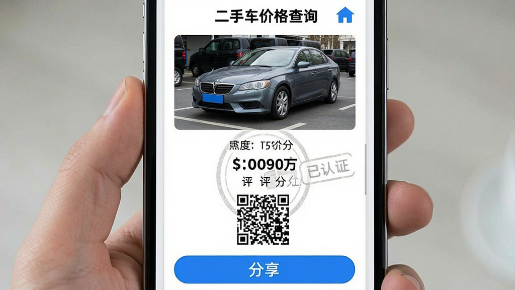 主体:手机屏幕显示一份估价报告,报告上有车辆照片、价格数字和二维码。布局:手机屏幕充满画面,报告为上下结构。排版:上方为车辆照片,下方为价格和评分,底部有“分享”按钮。风格:简洁商务风,白底黑字,蓝色点缀。细节:报告上印有“二手车价格查询”字样和印章式“已认证”。画质:清晰,干净,无多余元素。