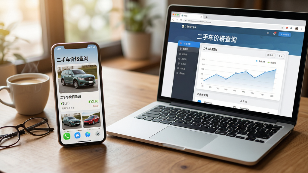 主体:一部智能手机和一台笔记本电脑并排放在木桌上,手机屏幕显示应用主界面,电脑屏幕显示同一应用的网页版。布局:手机在左,电脑在右,周围有咖啡杯和眼镜。排版:屏幕内容清晰可见,有“二手车价格查询”字样。风格:温馨生活化,自然光。细节:手机界面有车辆图片和价格,电脑界面有趋势图。画质:高清,干净,无多余元素。