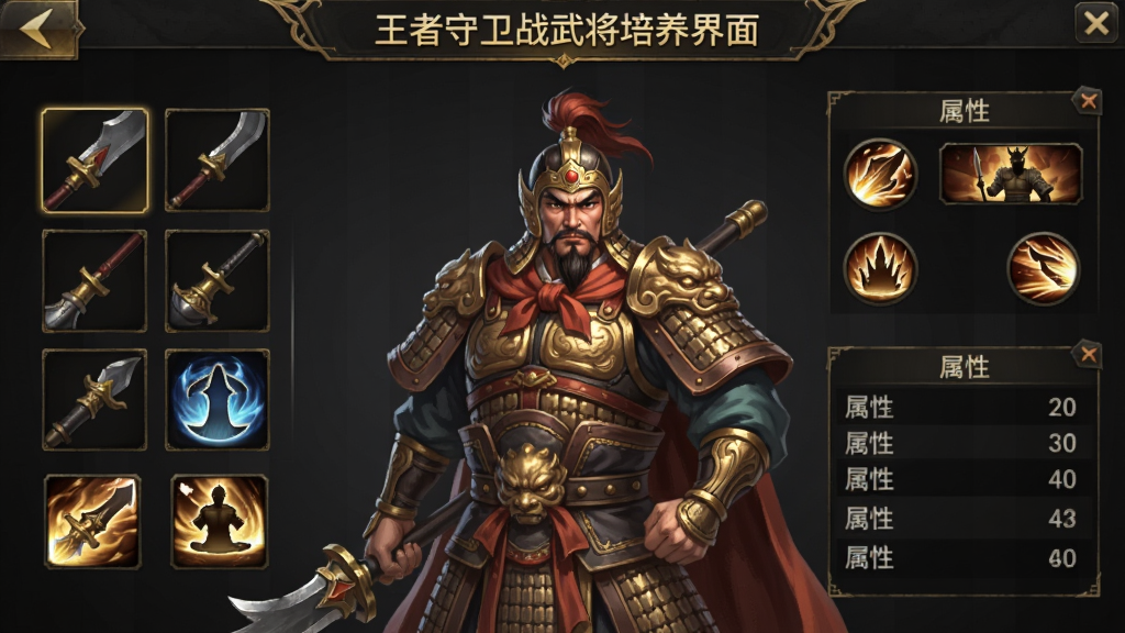 图像主题为“王者守卫战武将培养界面”,主体为一位三国风格武将立绘,周围环绕装备栏、技能图标、属性数值面板,界面采用深色背景金色边框,布局规整,风格为游戏UI截图风格,细节丰富,画质清晰,干净无多余元素