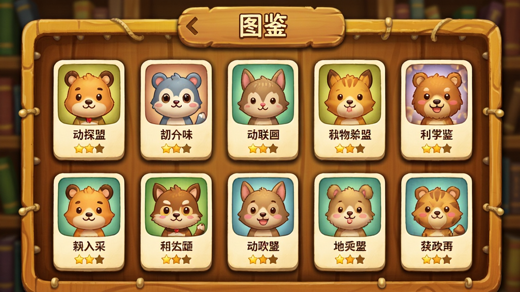 画面主体为《动物联盟大探索》动物图鉴界面,展示多只卡通动物卡片排列,每张卡片上有动物头像、名字和星级,界面背景为木质书架质感,暖黄色调,排版整齐,卡片有立体阴影,画质细腻,干净无多余元素,文字清晰可见“图鉴”标题