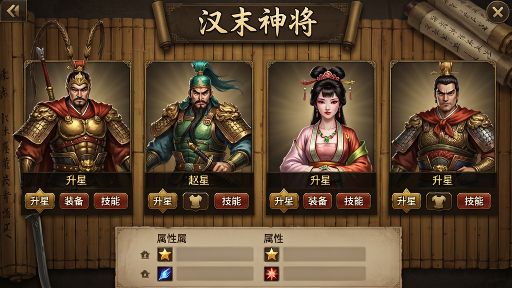 主体:《汉末神将》武将养成界面,画面展示多位三国名将的立绘,包括吕布、赵云、貂蝉等,每人下方有“升星”“装备”“技能”按钮。布局:武将立绘横向排列,背景为古朴的竹简与书卷,上方有“汉末神将”字样,下方为属性面板。排版:立绘大小统一,按钮排列整齐,色彩以暗金色与朱红色为主,突出历史感。风格:精细手绘风格,武将服饰纹理清晰,光影柔和。画质:高分辨率,画面干净无杂乱元素,适合作为游戏攻略配图。