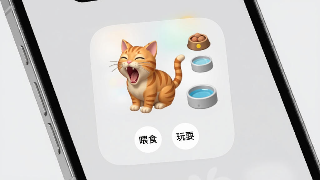 手机桌面电子宠物预览图,手机桌面壁纸为简约的浅灰色,中央放置一个4x2的桌面小组件,组件内显示一只打哈欠的橘猫电子宠物,旁边有食物和水槽图标。组件背景为半透明白色磨砂玻璃质感,圆角较大,下方有“喂食”和“玩耍”两个圆形小按钮。风格为iOS系统小组件风格,排版整洁,画质干净,无多余元素。
