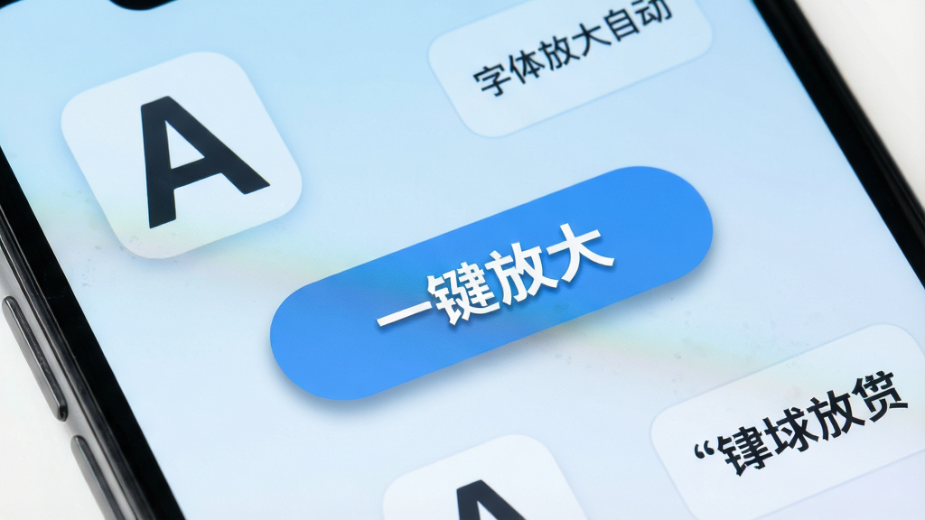 一张智能手机屏幕的特写,屏幕中显示“字体放大自动”软件主界面,界面简洁明亮,有一个醒目的“一键放大”按钮,背景为淡蓝色渐变,周围有放大的“A”字母图标和文字示例,布局居中,排版清晰,风格现代简约,细节包括按钮上的白色文字和阴影效果,画质高清,干净无多余元素。