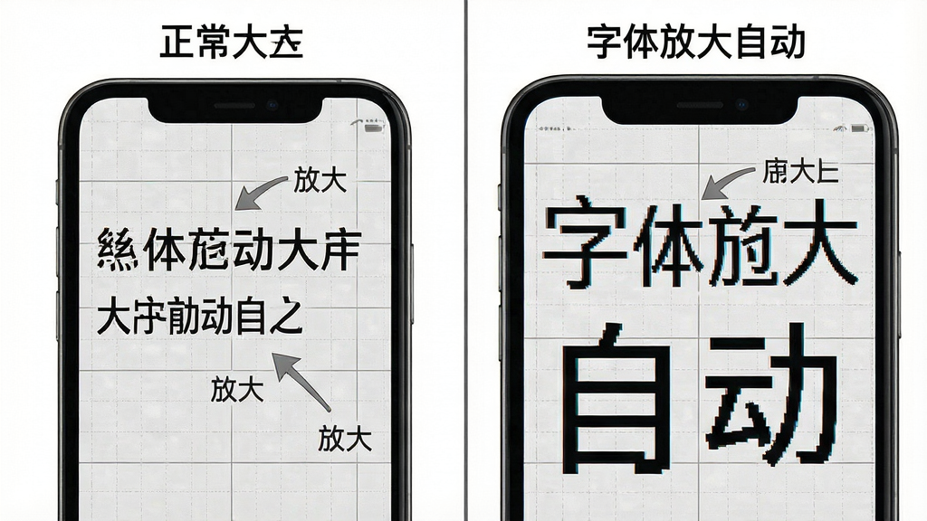 一张对比图,左边是正常大小的手机屏幕文字,右边是使用“字体放大自动”后的屏幕,文字明显变大,清晰易读,背景为灰色网格,布局左右对称,排版直观,风格简洁,细节包括箭头指向和“放大”标注,画质干净,无多余元素。