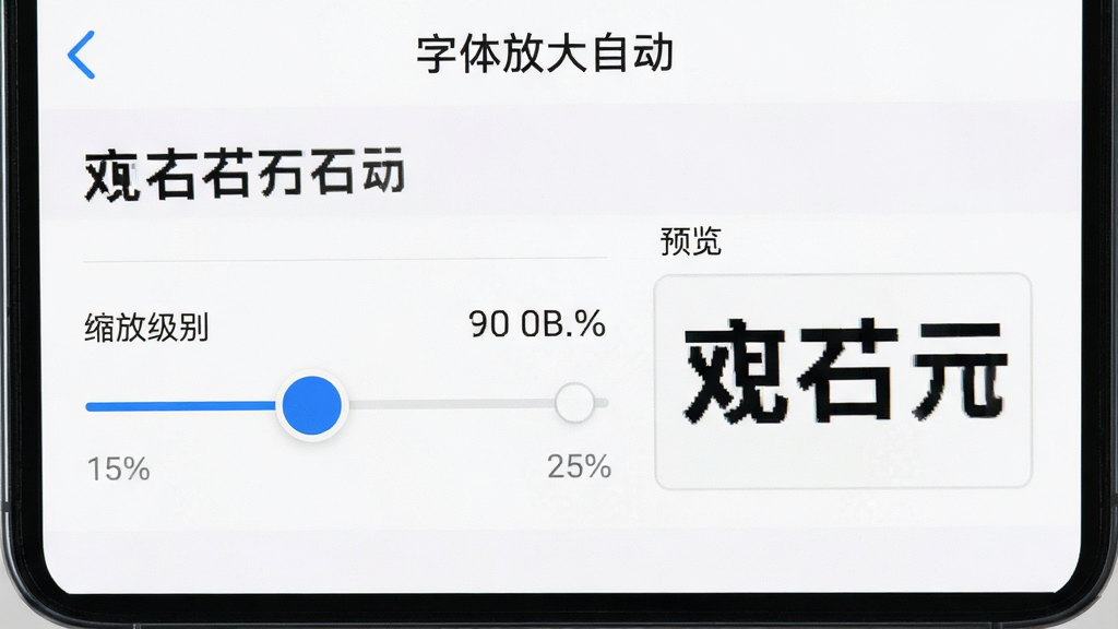 一张手机屏幕截图,展示“字体放大自动”的设置界面,包含一个滑动条,标注“缩放级别”和百分比数字,旁边有“预览”窗口显示放大后的文字效果,背景为白色,布局规整,排版清晰,风格清新,细节包括滑块上的圆点和数值,画质高清,无多余元素。