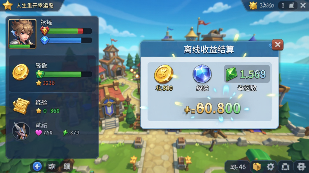 画面主体为游戏主界面,左侧显示角色状态面板,右侧为离线收益结算弹窗,弹窗上有金币、经验等图标和数字。布局清晰,弹窗居中醒目,背景为游戏主城场景。排版简洁,信息层级分明,风格为游戏UI截图。细节包括收益数字飘动特效和角色头像。画质高清,色彩明亮,干净无多余元素,体现“人生重开幸运岛”的挂机收益玩法。