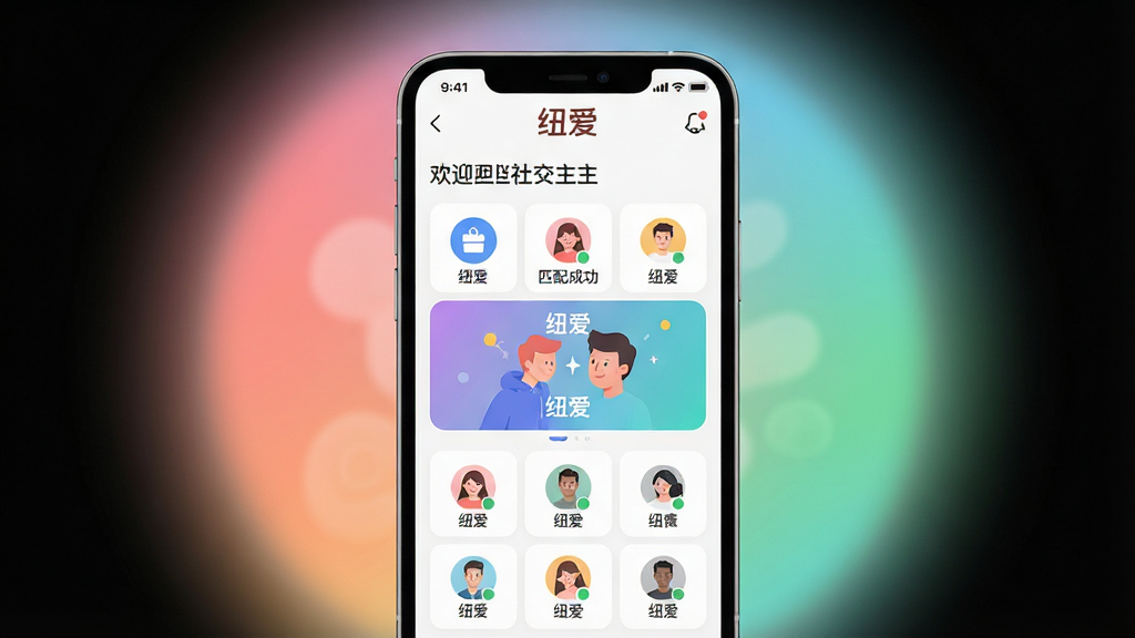 主体:智能手机屏幕展示“纽爱”APP的社交主界面,界面风格清新简约,带有“纽爱”品牌Logo和欢迎语。布局:手机居中,屏幕内容清晰可见,周围搭配柔和的渐变背景光晕。排版:突出界面上的功能图标和用户头像,排列有序。风格:现代扁平化设计,色彩明快。细节:屏幕内显示匹配成功的动画效果和“纽爱”字样,画质:高清渲染,干净,无多余元素。