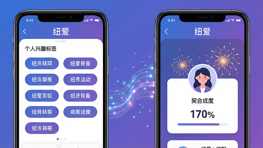 主体:两块智能手机屏幕并排展示“纽爱”的匹配过程,左侧为个人兴趣标签选择界面,右侧为匹配成功的用户卡片。布局:左右对称,中间有代表数据流动的发光线条连接。排版:标签以圆角矩形呈现,用户卡片包含头像和契合度百分比。风格:科技感与温馨感结合,蓝紫色调。细节:屏幕上方有“纽爱”字样,匹配成功界面有烟花特效。画质:清晰明亮,干净,无多余元素。