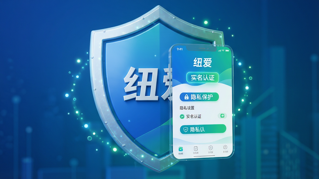 主体:一个盾牌图标守护着“纽爱”APP的界面,界面内有隐私设置选项和认证标识。布局:盾牌位于背景中央,APP界面悬浮于盾牌之上。排版:界面内展示“实名认证”、“隐私保护”等文字标签。风格:安全、可靠,蓝色与绿色为主色调。细节:盾牌上有“纽爱”字样,周围有微光闪烁。画质:高细节渲染,干净,无多余元素。