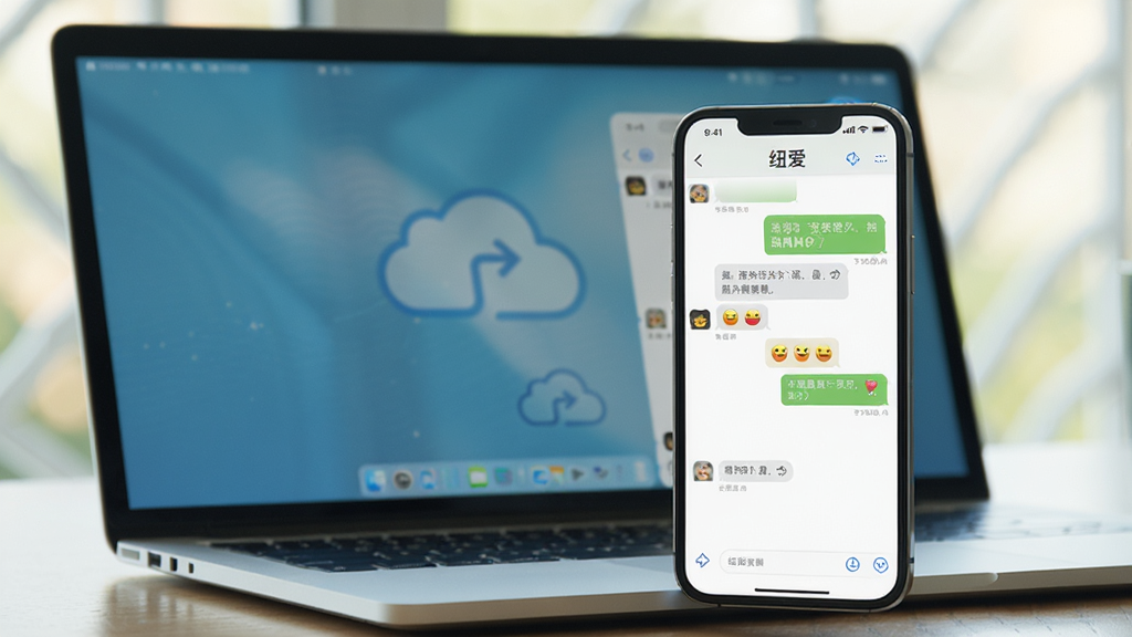 主体:智能手机和笔记本电脑并排放置,屏幕上同时显示“纽爱”APP的聊天界面。布局:手机在前,笔记本在后,形成前后景深。排版:聊天界面显示对话气泡和表情符号。风格:生活化场景,自然光。细节:手机界面有“纽爱”字样,笔记本屏幕显示云同步图标。画质:真实感,干净,无多余元素。