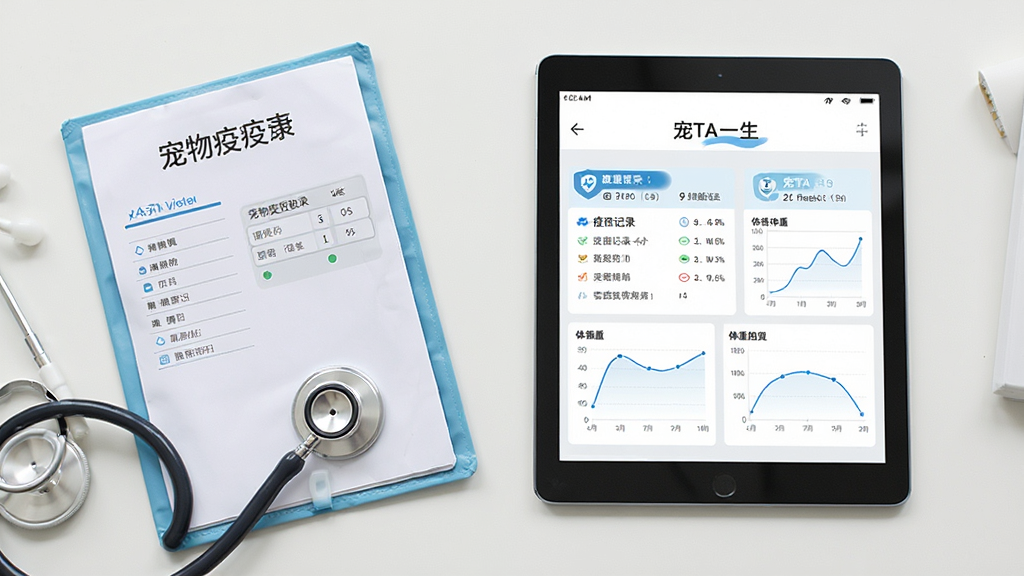 一张俯视拍摄的桌面场景,桌面上摆放着宠物疫苗本、听诊器和一部平板电脑,平板电脑上显示“宠TA一生”的健康档案界面,界面中有完整的疫苗记录和体重曲线图,整体风格简洁明亮,浅色背景,突出专业与秩序感,画质干净,无多余元素