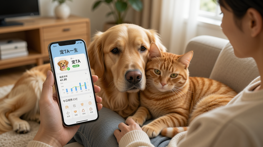 一张温馨的客厅场景,一只金毛犬和一只橘猫依偎在主人身边,主人手持智能手机,屏幕上显示着“宠TA一生”的界面,界面清晰显示宠物头像、健康数据图表和今日喂养计划,整体画面明亮柔和,采用自然光摄影风格,突出人与宠物之间的亲密与科技感,画质干净,无多余元素