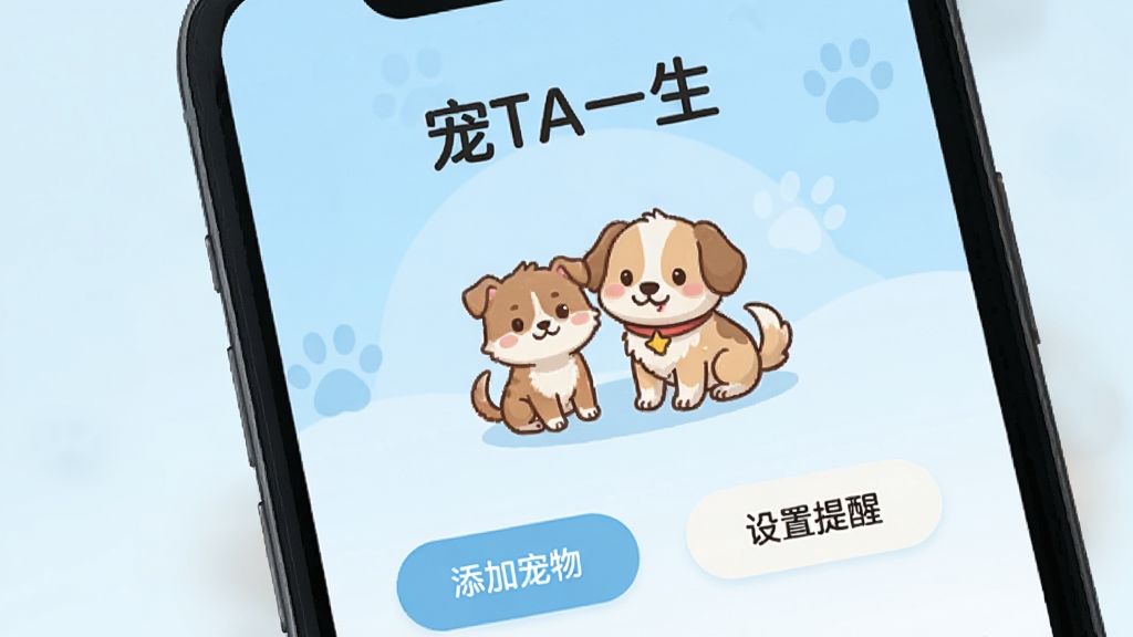 一张手机截屏风格的图片,屏幕显示“宠TA一生”的新手引导界面,界面上有可爱的宠物插画和“添加宠物”、“设置提醒”等按钮,背景为淡蓝色渐变,整体风格清新友好,画质干净,无多余元素