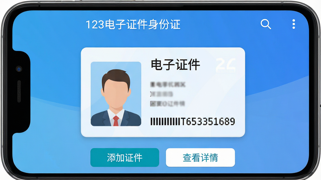 主体:一款名为“123电子证件身份证”的安卓手机应用界面,手机屏幕中央展示一个电子身份证样式的卡片,卡片上印有“电子证件”字样,背景是简洁的蓝色渐变。布局:手机位于画面中央,卡片占据屏幕主要区域,下方有“添加证件”、“查看详情”等按钮。排版:界面采用卡片式设计,功能按钮排列整齐,文字清晰可读。风格:扁平化设计,现代感强,色彩明快,整体干净整洁。细节:卡片上有模拟用户头像和身份证号码,屏幕顶部显示“123电子证件身份证”应用名称。画质:高清渲染,细节丰富,画面干净,无多余元素。